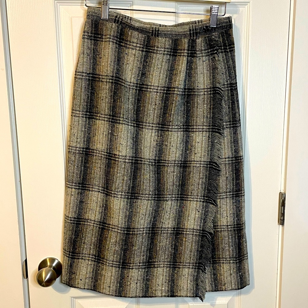VTG Personal natural black/brown tones plaid wrap skirt w/ raw fringe edge sz 14